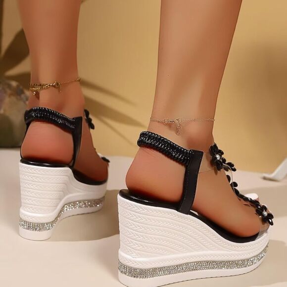 Macy's Black Floral Wedge Sandals - Picture 3 of 11